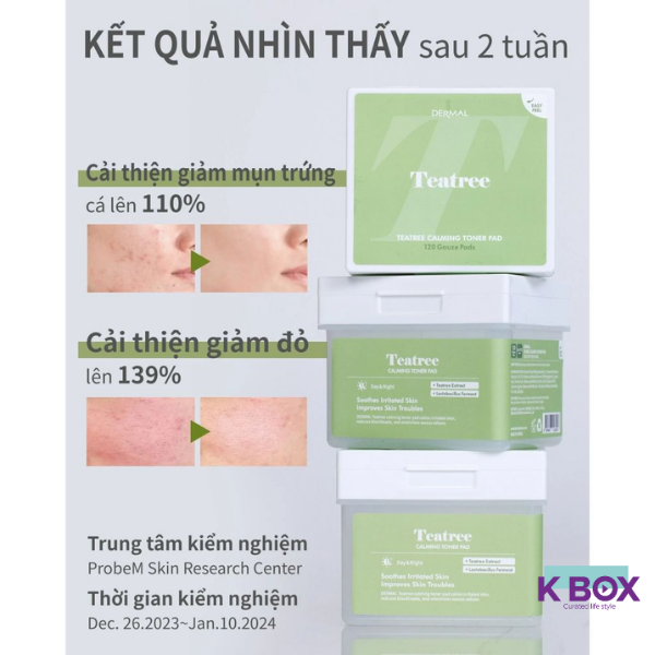 Toner Pad Dermal Teatree Calming Hộp 120 Miếng - Toner Pad Tràm Trà Làm Dịu Da, Giảm Mụn, Kiểm Soát Dầu & Mụn Hiệu Quả