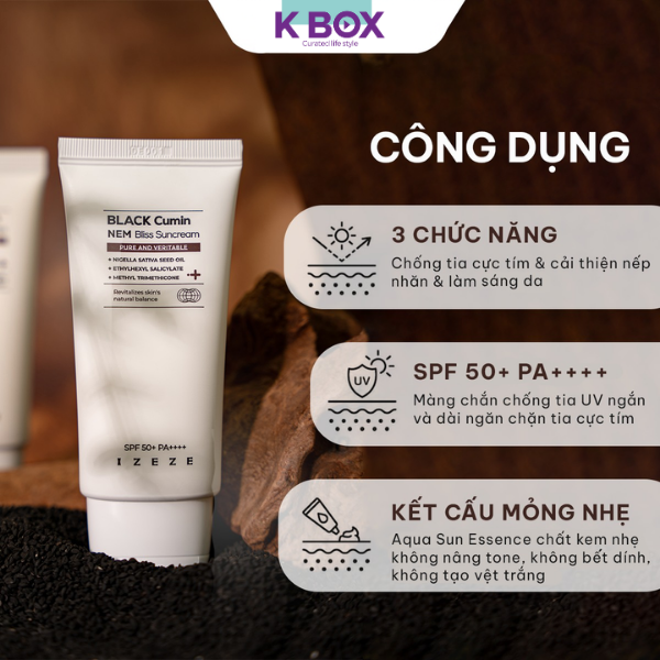 Izeze Black Cumin NEM Bliss Suncream – Kem Chống Nắng, Bảo Vệ Da, Dưỡng Ẩm, Dịu Nhẹ Cho Da