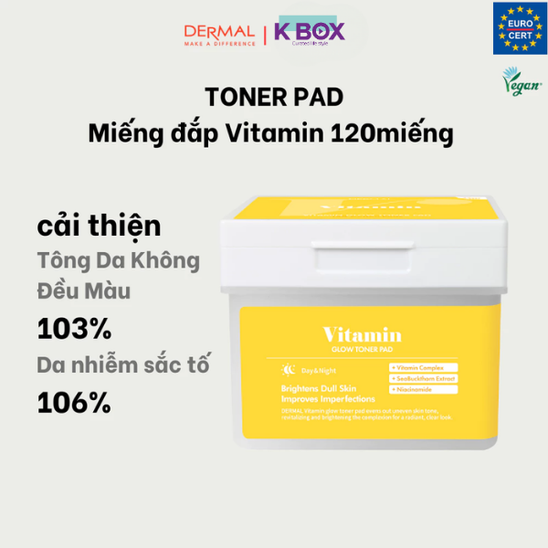 Toner Pad Dermal Vitamin Glow Hộp 120 Miếng Với Phức Hợp 11 Vitamin - Dưỡng Sáng Da, Mờ Thâm, Thuần Chay, Dịu Nhẹ Cho Da Nhạy Cảm