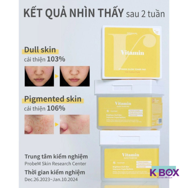 Toner Pad Dermal Vitamin Glow Hộp 120 Miếng Với Phức Hợp 11 Vitamin - Dưỡng Sáng Da, Mờ Thâm, Thuần Chay, Dịu Nhẹ Cho Da Nhạy Cảm